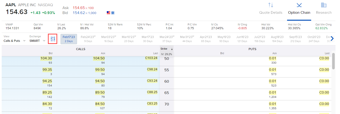 The option chain settings for an instrument in Portal. 